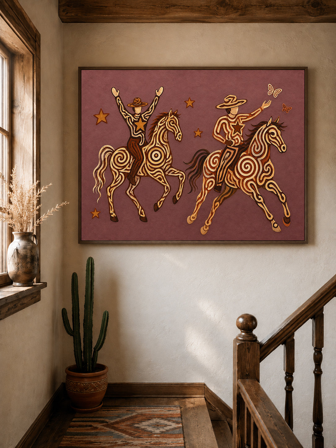 Whimsical Cowboy Cowgirl Painting, Pink Western Horse Art, Southwestern Folk Decor