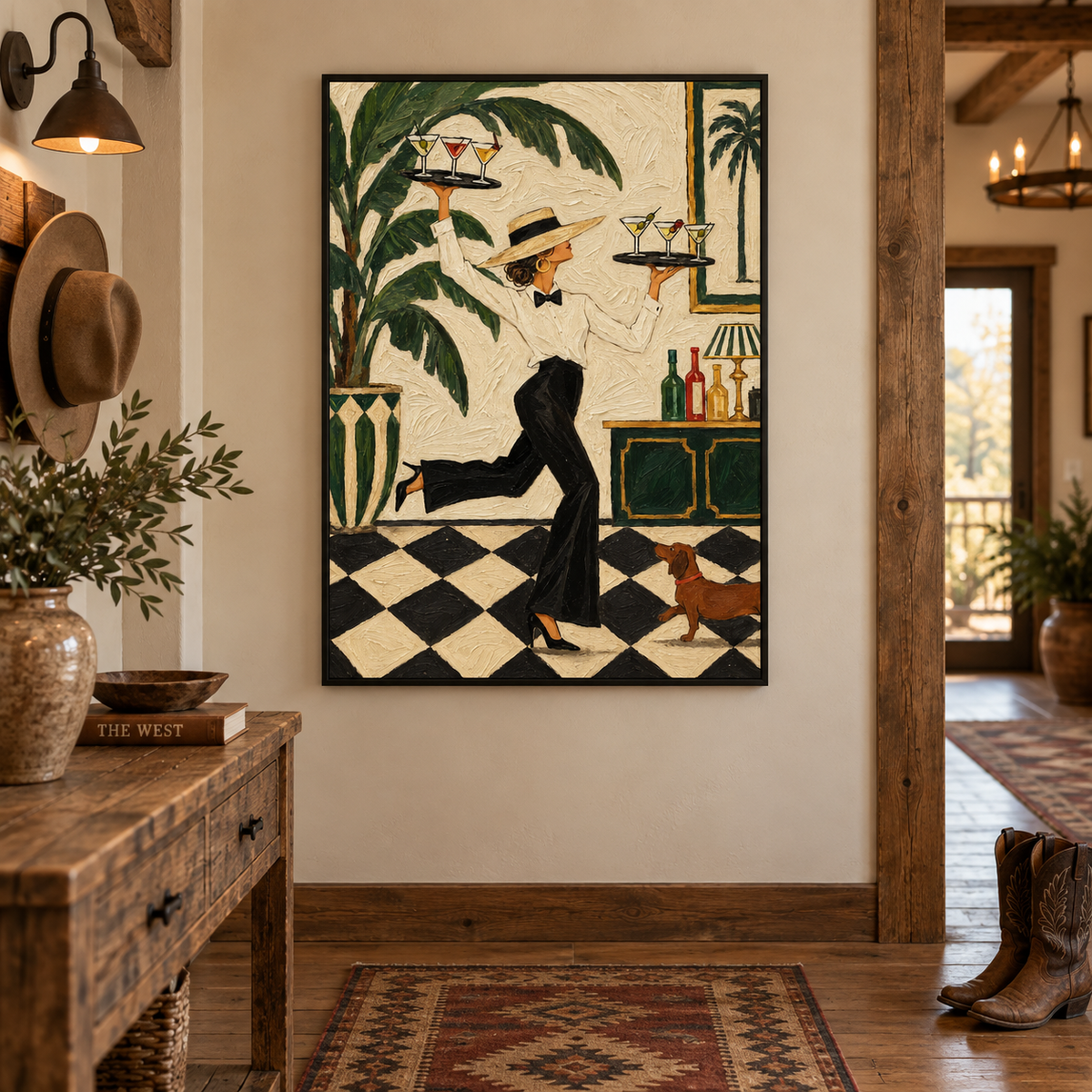 Vintage Waitress With Cocktails Art Deco Canvas Painting For Home Bar Decor