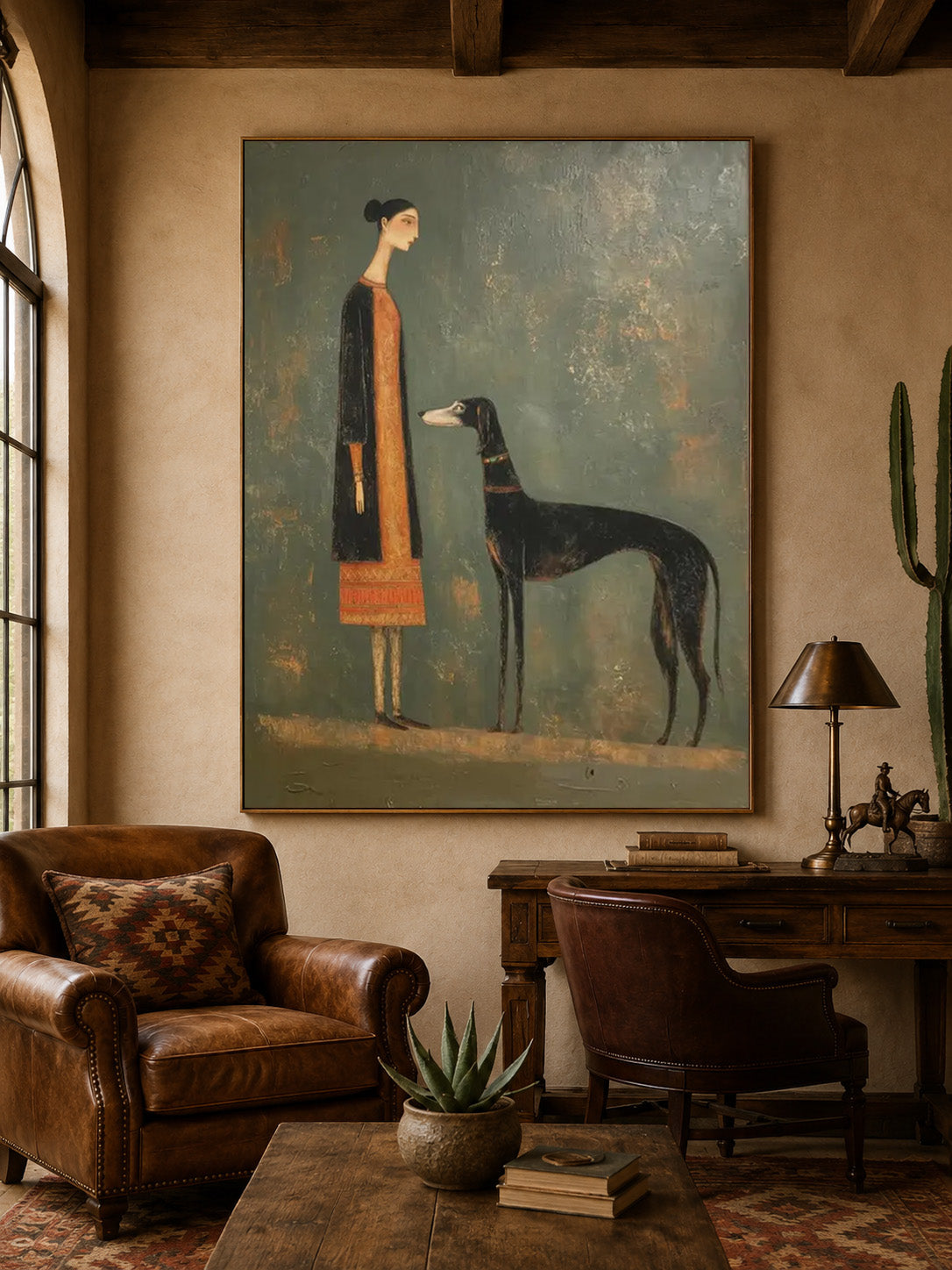 Vintage Woman And Dog Painting With Textured Sage Green Background For Living Room Decor