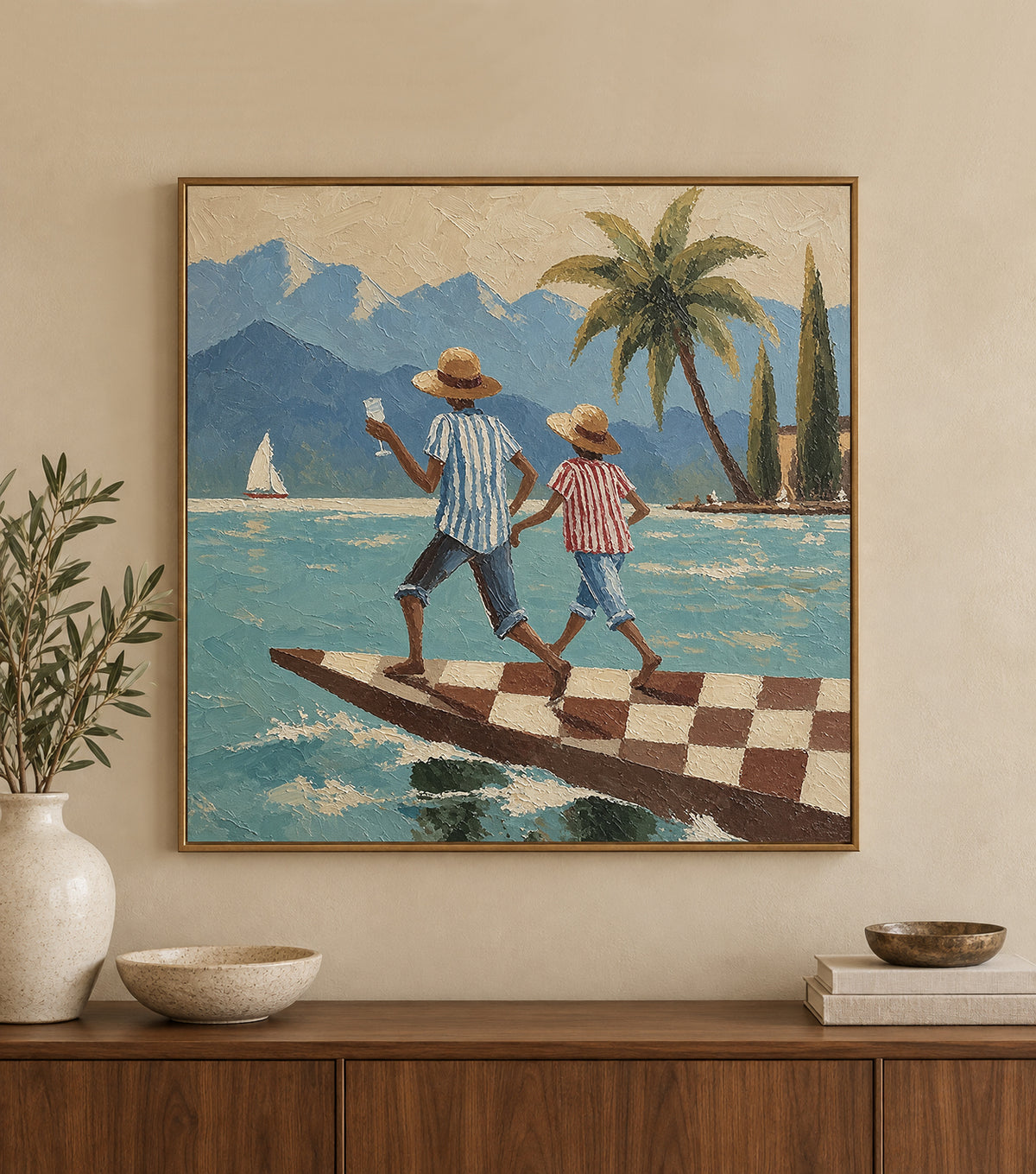 Figurative Beach Scene Hand-Painted Canvas Art With Mountains And Sailboat In Bright Blue Tones