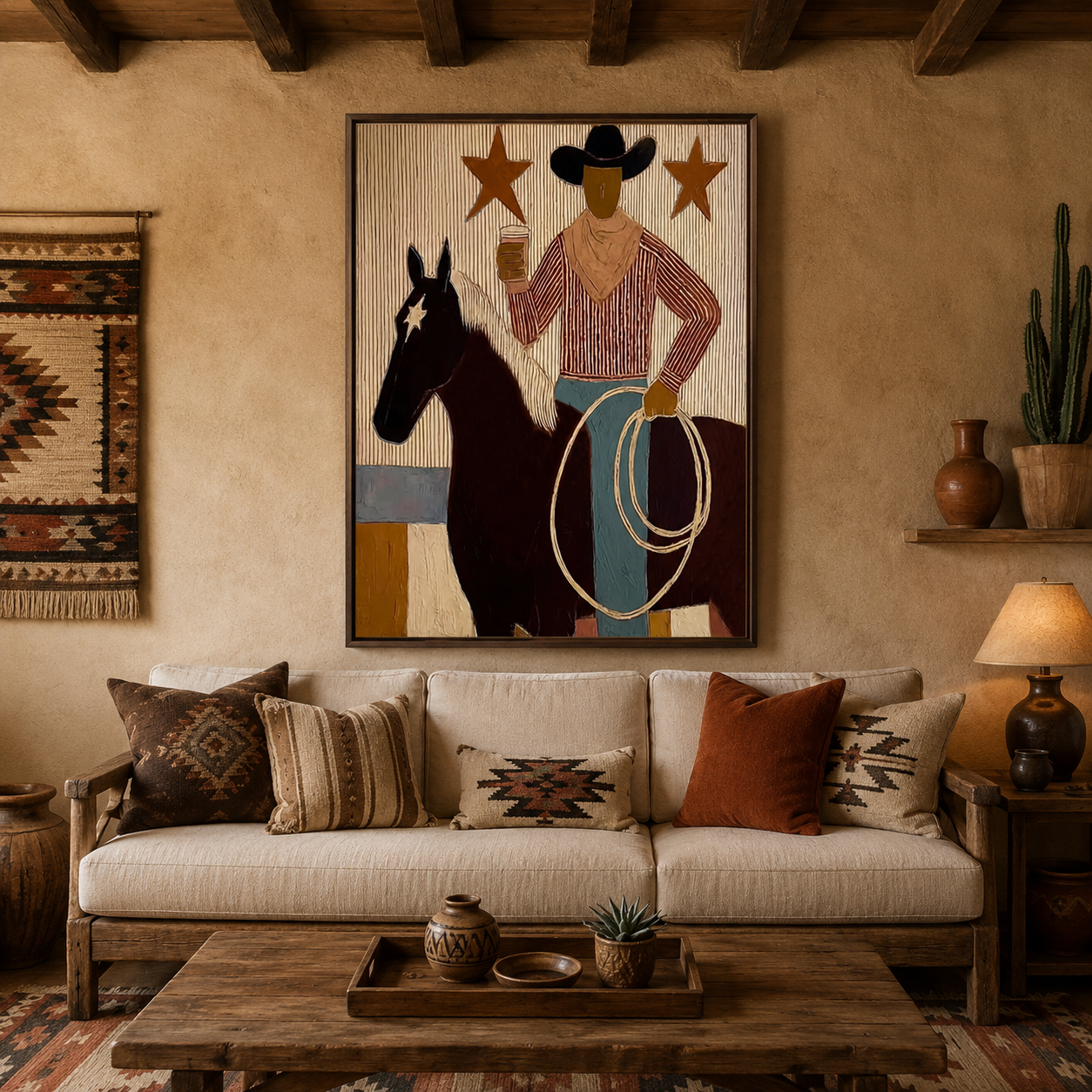Folk Cowboy Painting With Horse And Lasso For Rustic Wall Decor
