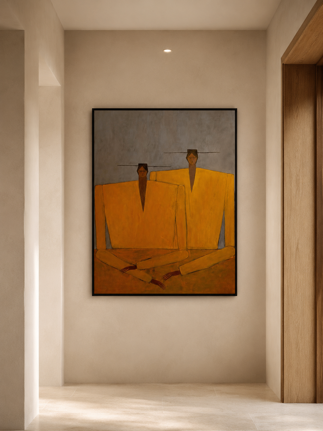 Hand-Painted Figurative Abstract Portrait Painting- Modern Yellow Statement Piece for Living Room