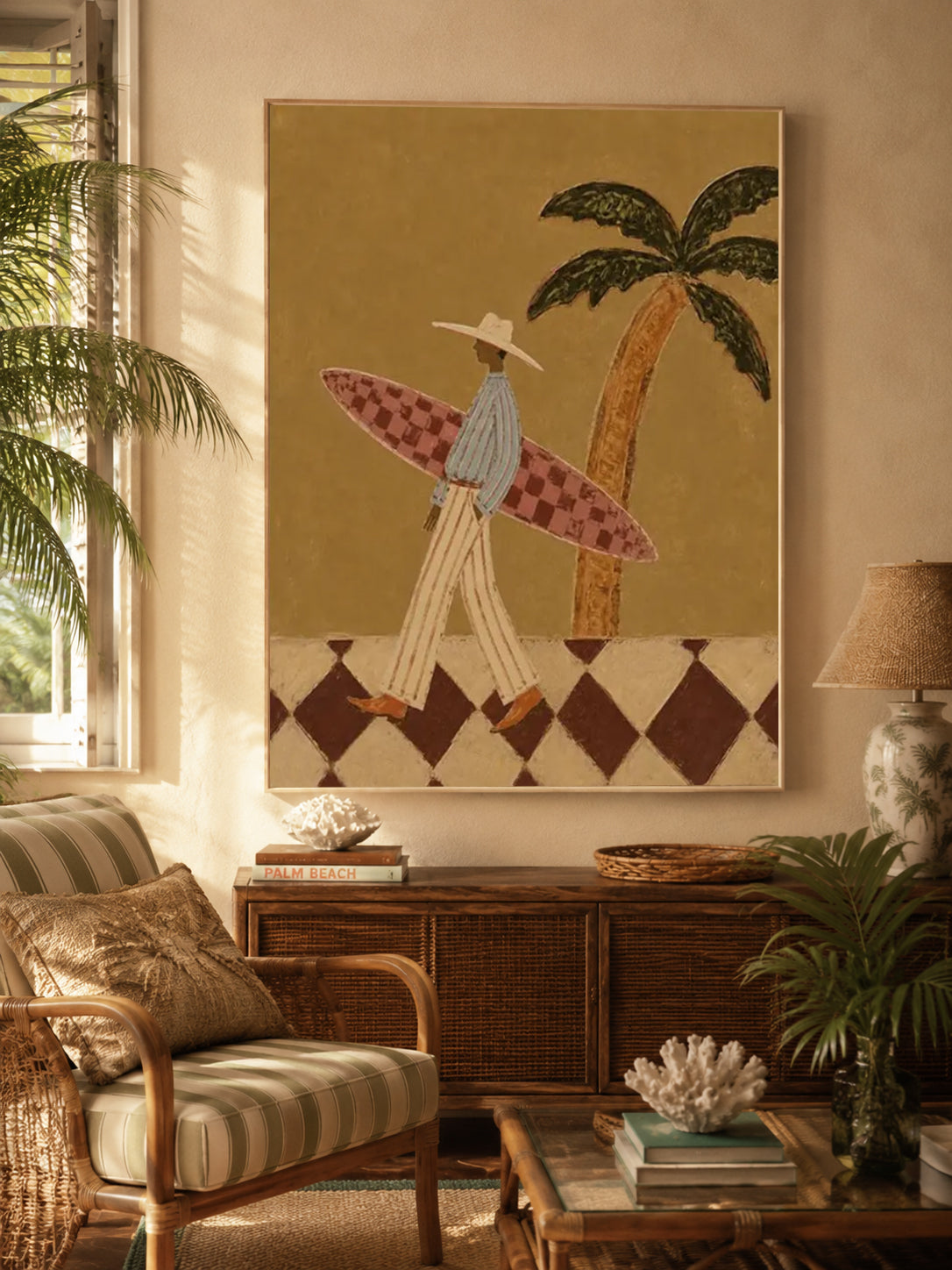 Vintage Surfer Painting With Checkerboard Board For Coastal Living Room Wall Art Decor