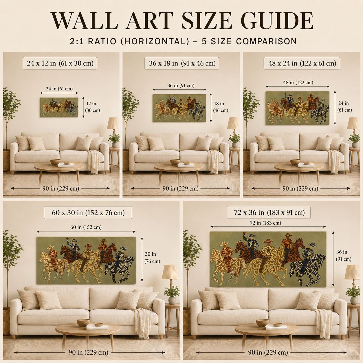 Olive Green Cowboy Riders Painting, Panoramic Western Horse Art, Modern Southwestern Decor