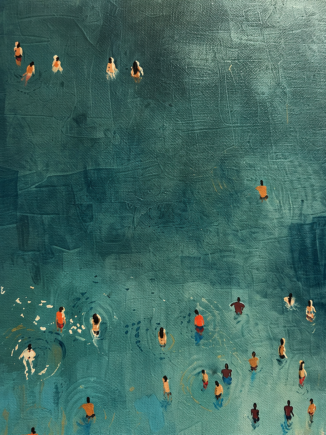 Retro Beach Painting With Minimalist Figures In Teal And Beige For Modern Living Room Wall Art