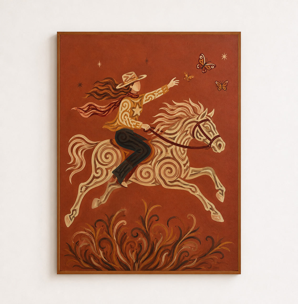 Cowgirl Riding Horse Canvas Painting Hand-Painted Western Art With Butterflies