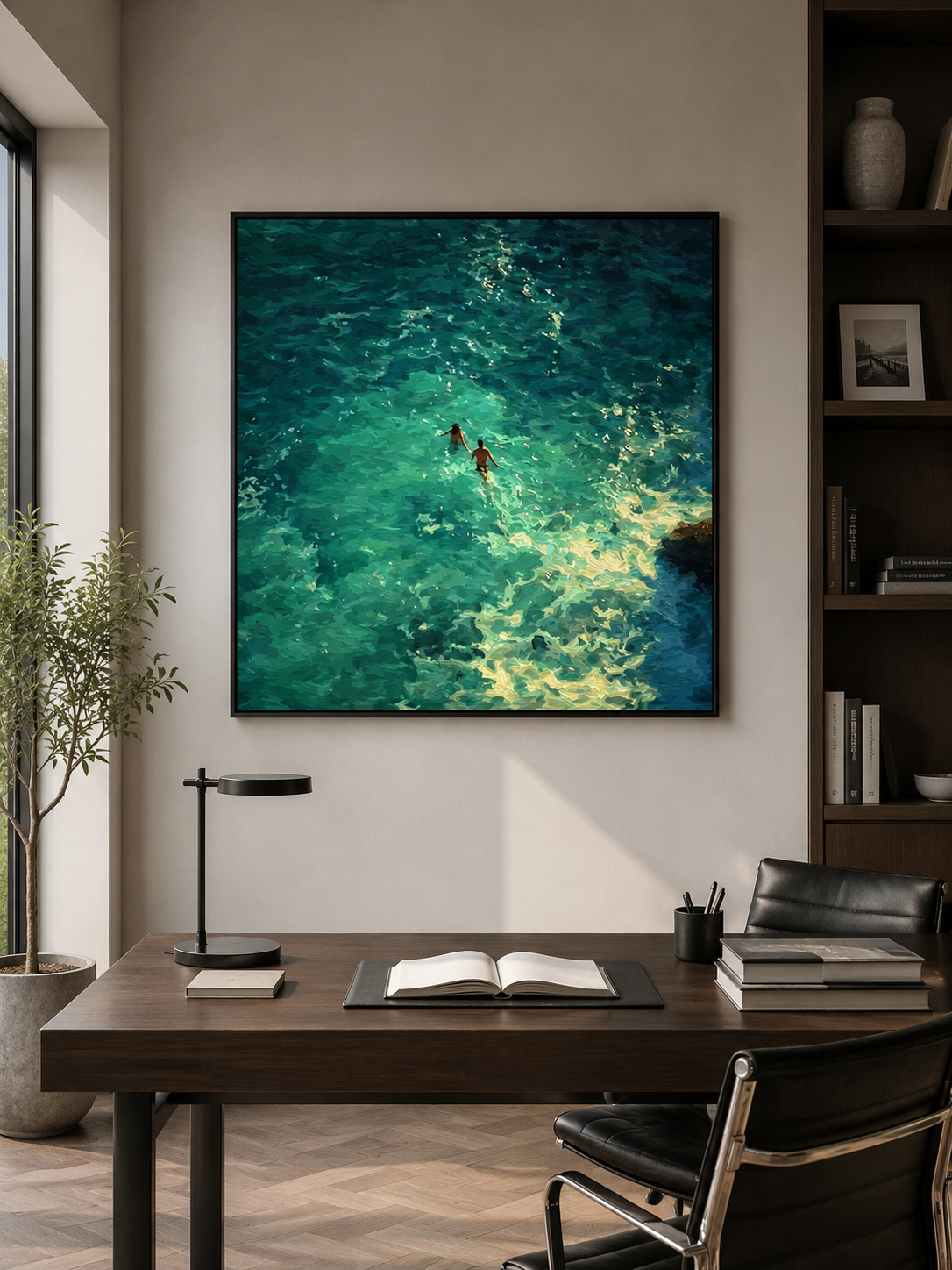 Emerald Ocean Swimmers Square Canvas Art For Beach House Wall Decor
