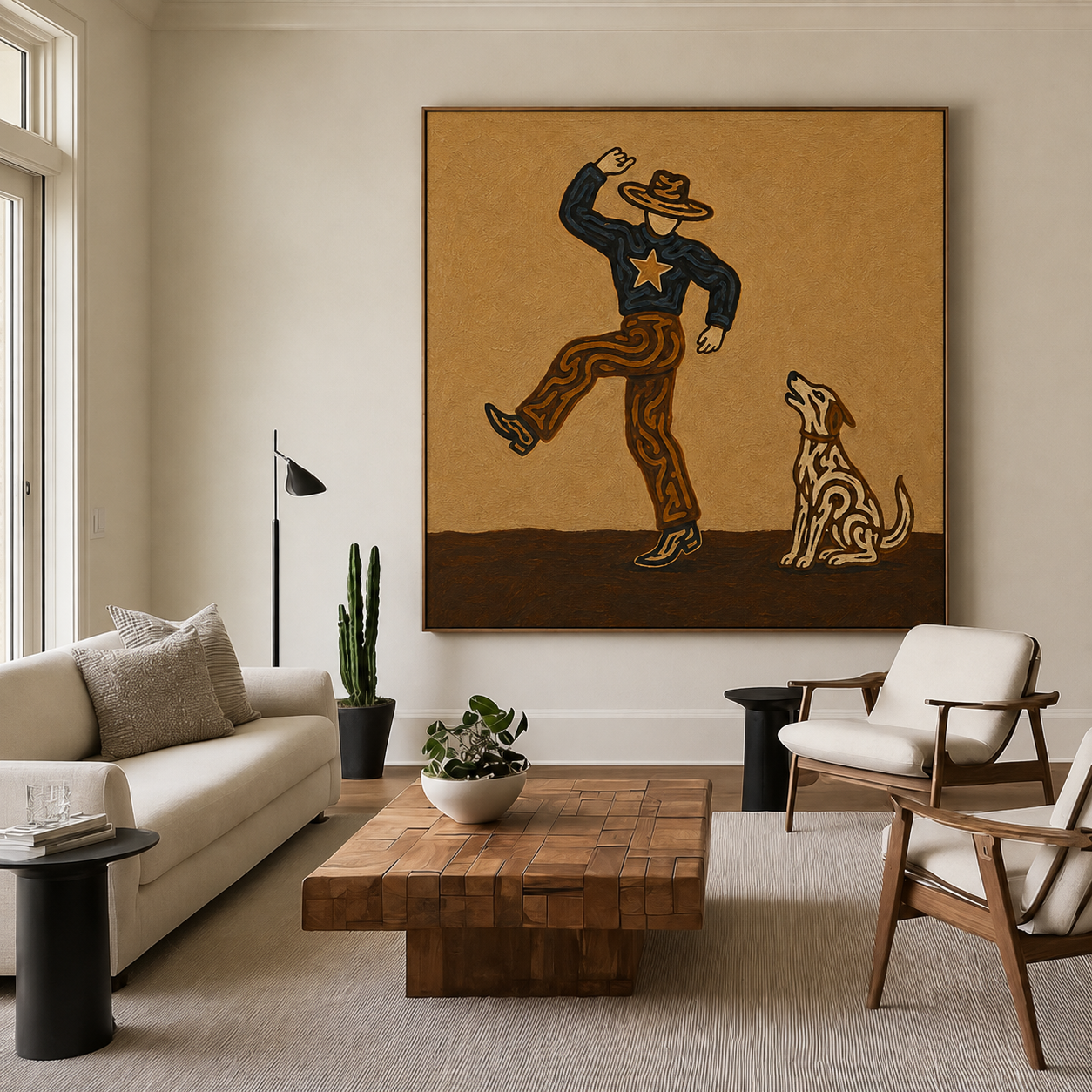 Dancing Cowboy And Dog Painting Retro Western Decor For Living Room