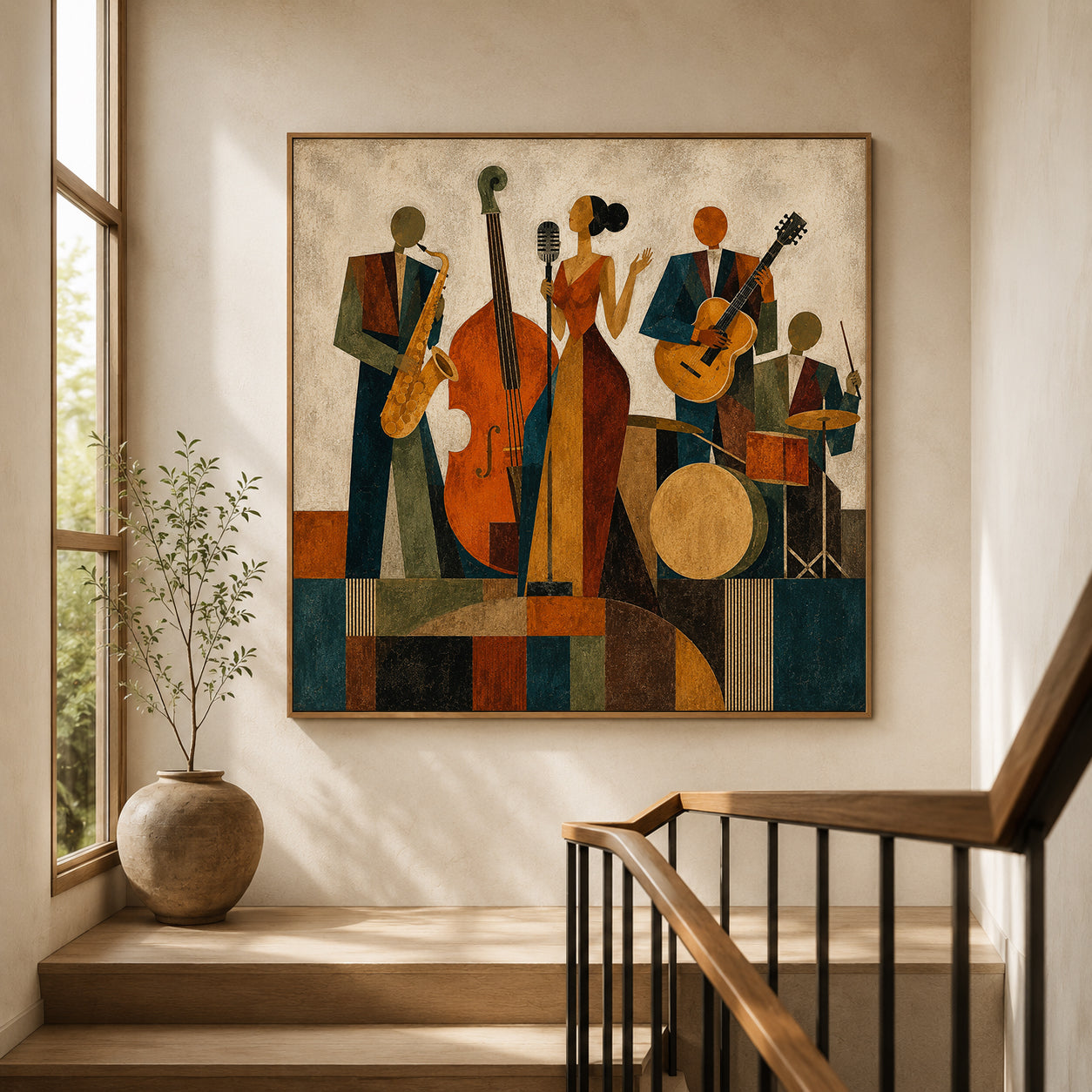 Vintage Jazz Band Painting Square Canvas Art For Living Room Music Lovers