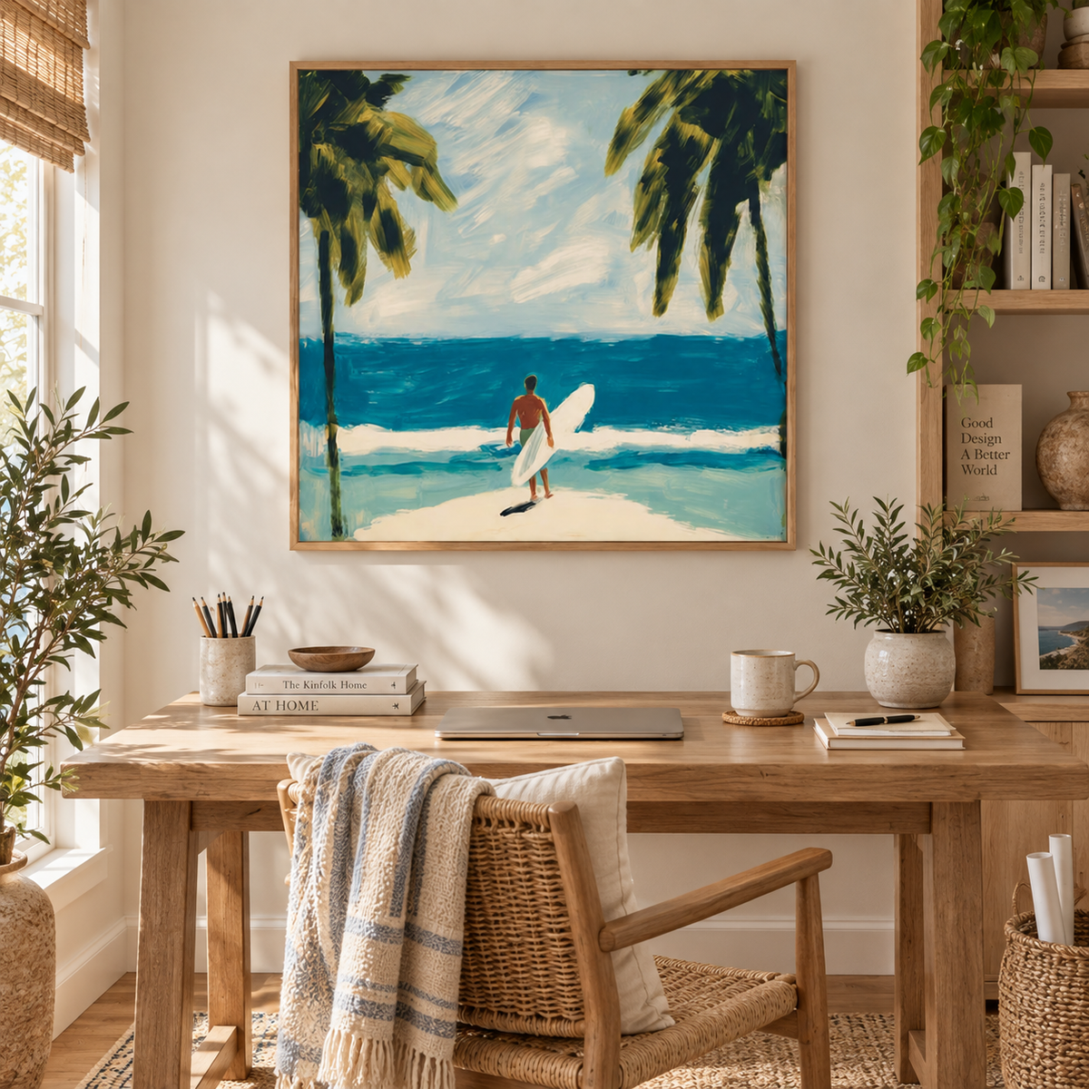 Surfer And Palm Trees Beach Canvas Painting Blue Ocean Wall Art