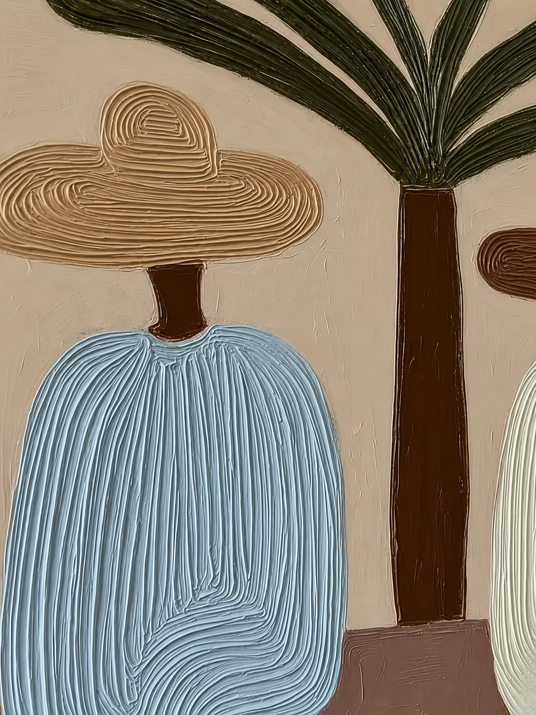 Abstract Mediterranean Figure Painting With Palm Tree Textured Oil Art For Coastal Home