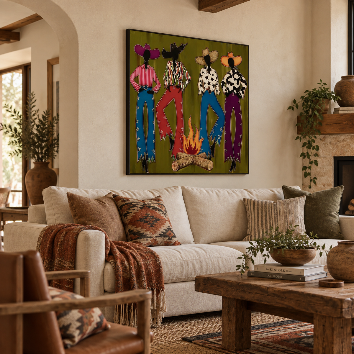 Colorful Cowgirl Painting, Retro Southwest Decor, Olive Green Handmade Artwork