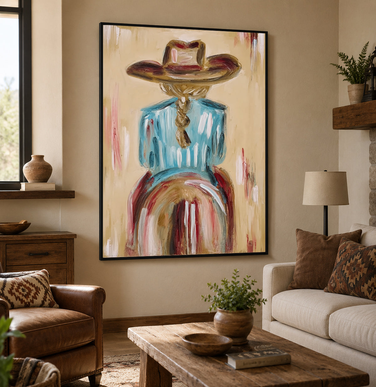 Ranch Style Wall Art For Living Room Blue Shirt Cowgirl Painting