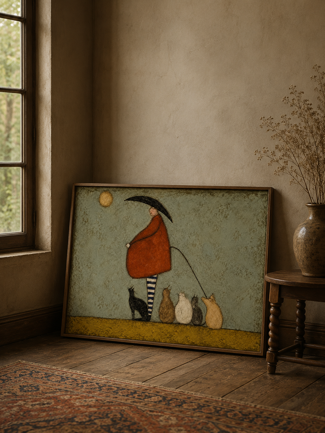 Whimsical Cat Lady Painting With Black Cats Folk Art For Modern Home Decor