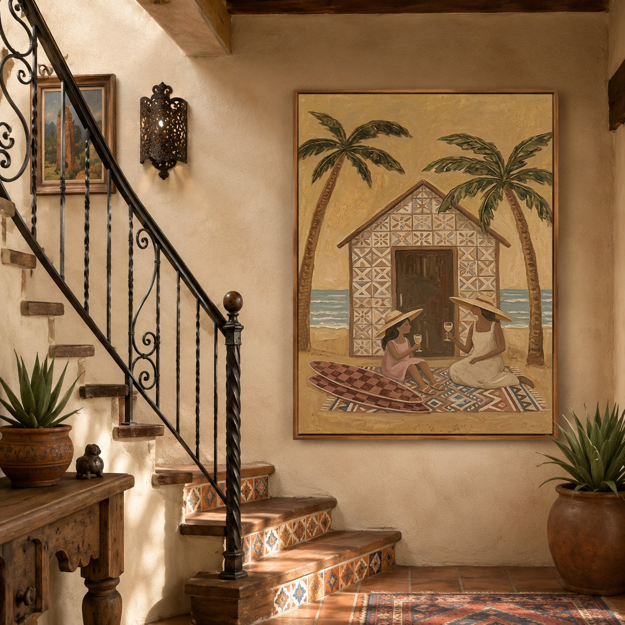 Bohemian Beach Art With Palm Trees And Mother Daughter Scene For Coastal Home Wall Decor