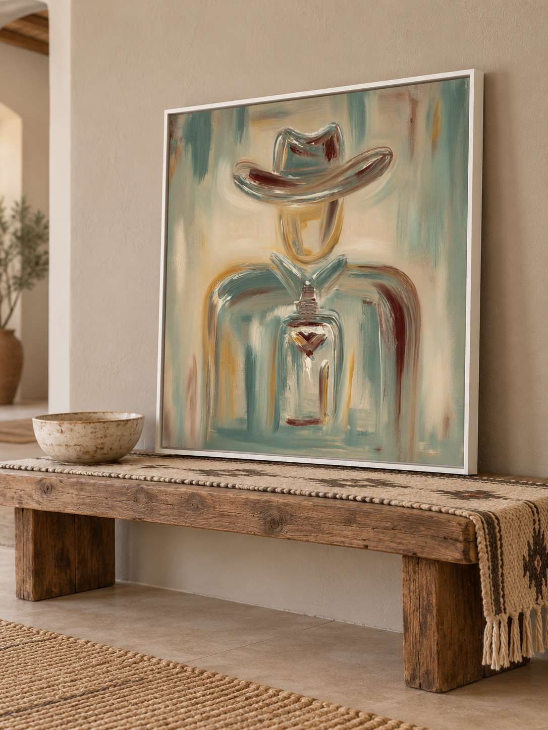 Abstract Cowboy Canvas Art, Terracotta Western Wall Decor,Neutral Rustic Artwork