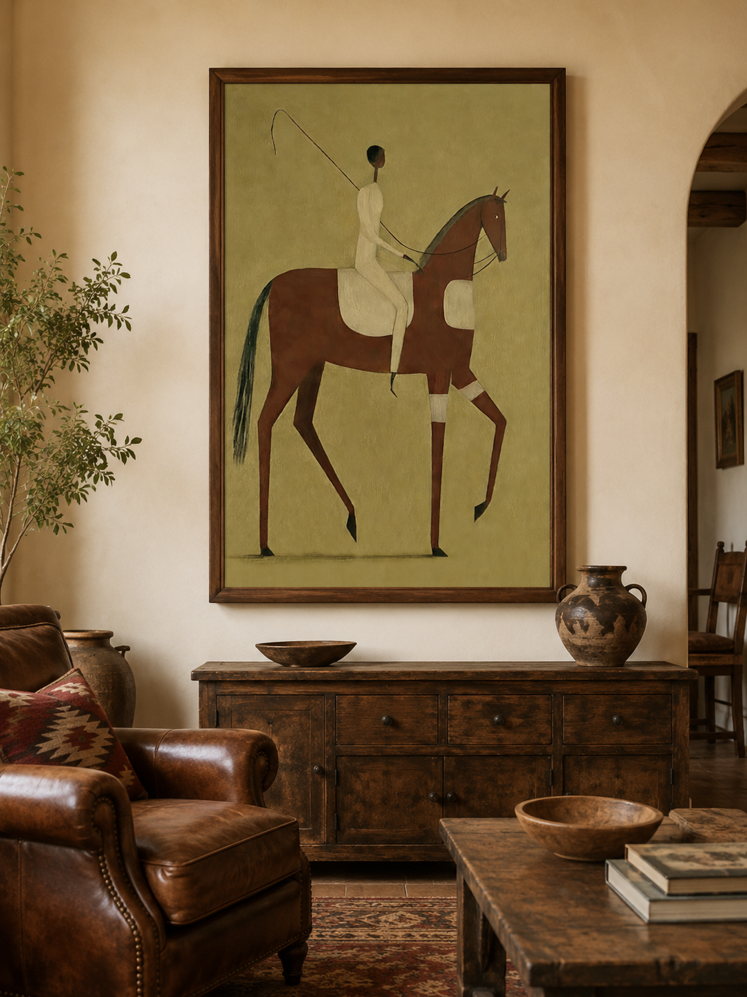 Wabi Sabi Style Rider On Horse Art Original Oil Painting With Olive Background