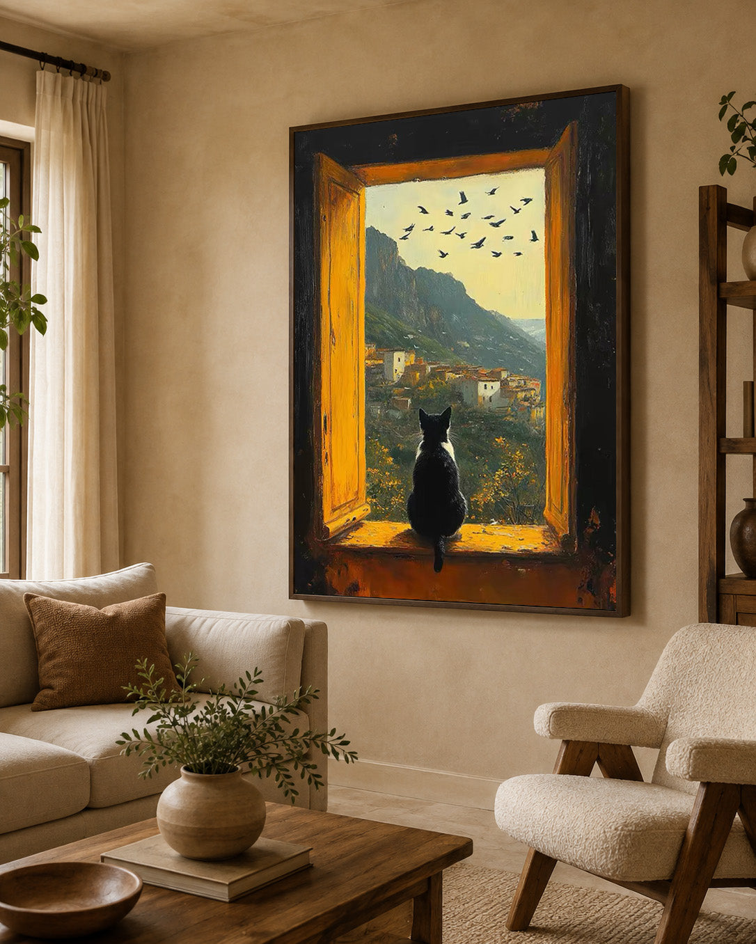 Black Cat Art, Cat Oil Painting, Window View Art, Mountain Village Painting, Cozy Home Decor
