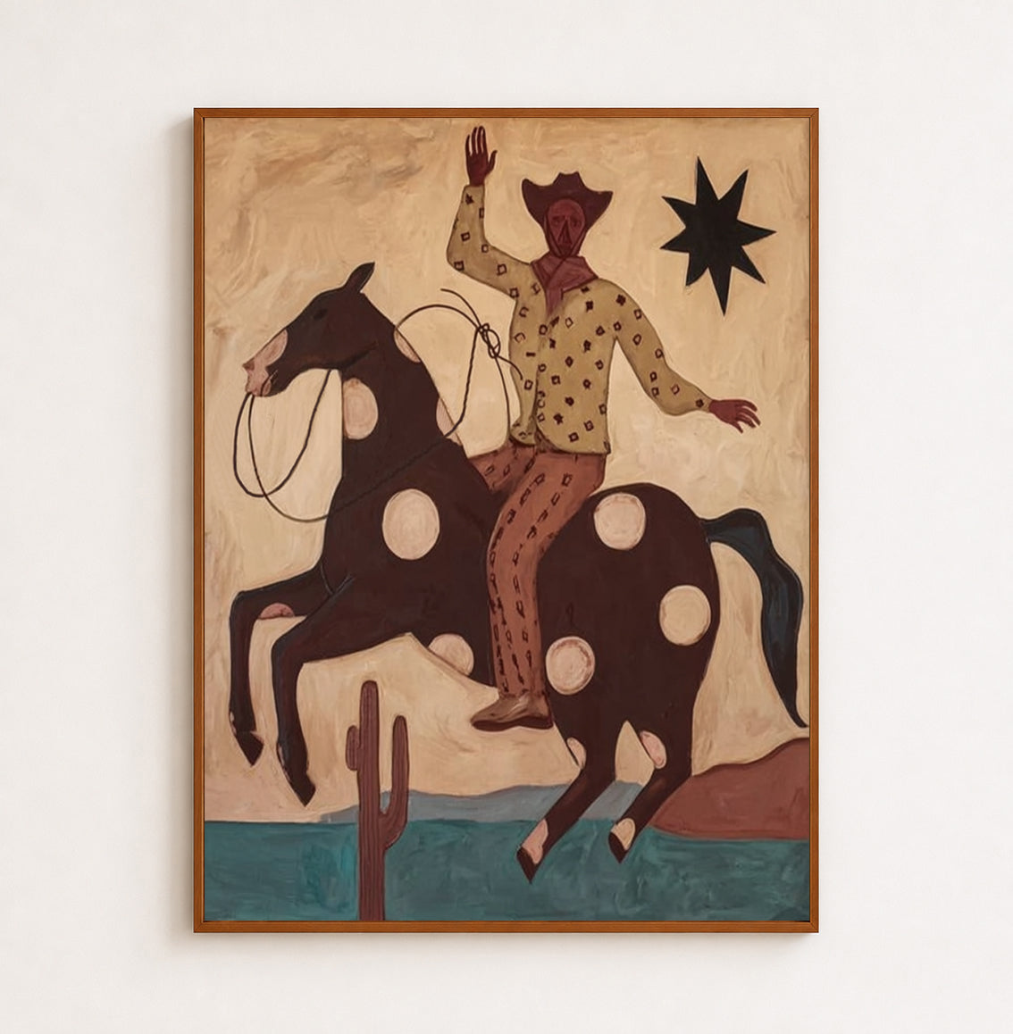 Figurative Cowboy Painting With Spotted Horse And Desert Landscape In Retro Vintage Style