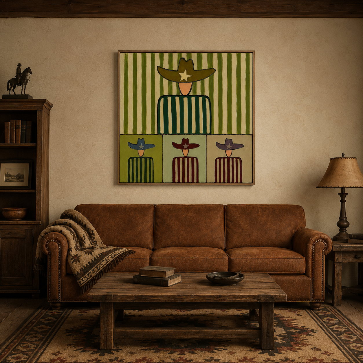 Abstract Cowboy Painting With Green Stripes For Modern Living Room Decor