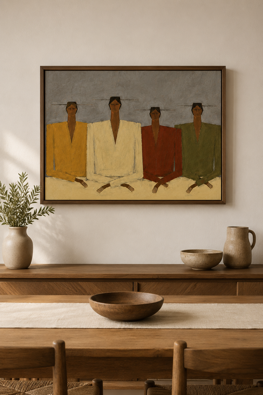Mid-Century Minimalist Abstract People Oil Painting - Muted Earth Tones on Canvas