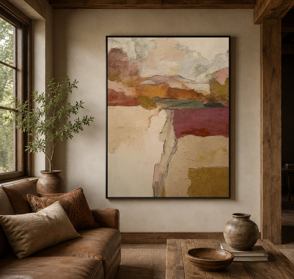 Abstract Landscape Canvas Painting With Olive Green And Earth Tones For Modern Wall Art