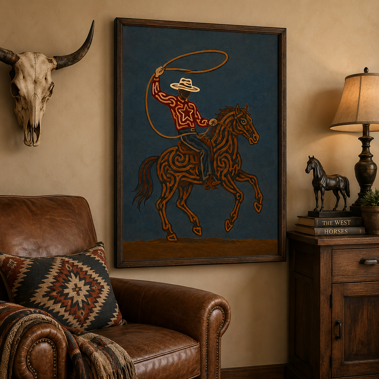 Rodeo Cowboy Lasso Painting, Texas Western Wall Art, Rustic Ranch Decor, Modern Cowboy Horse Art