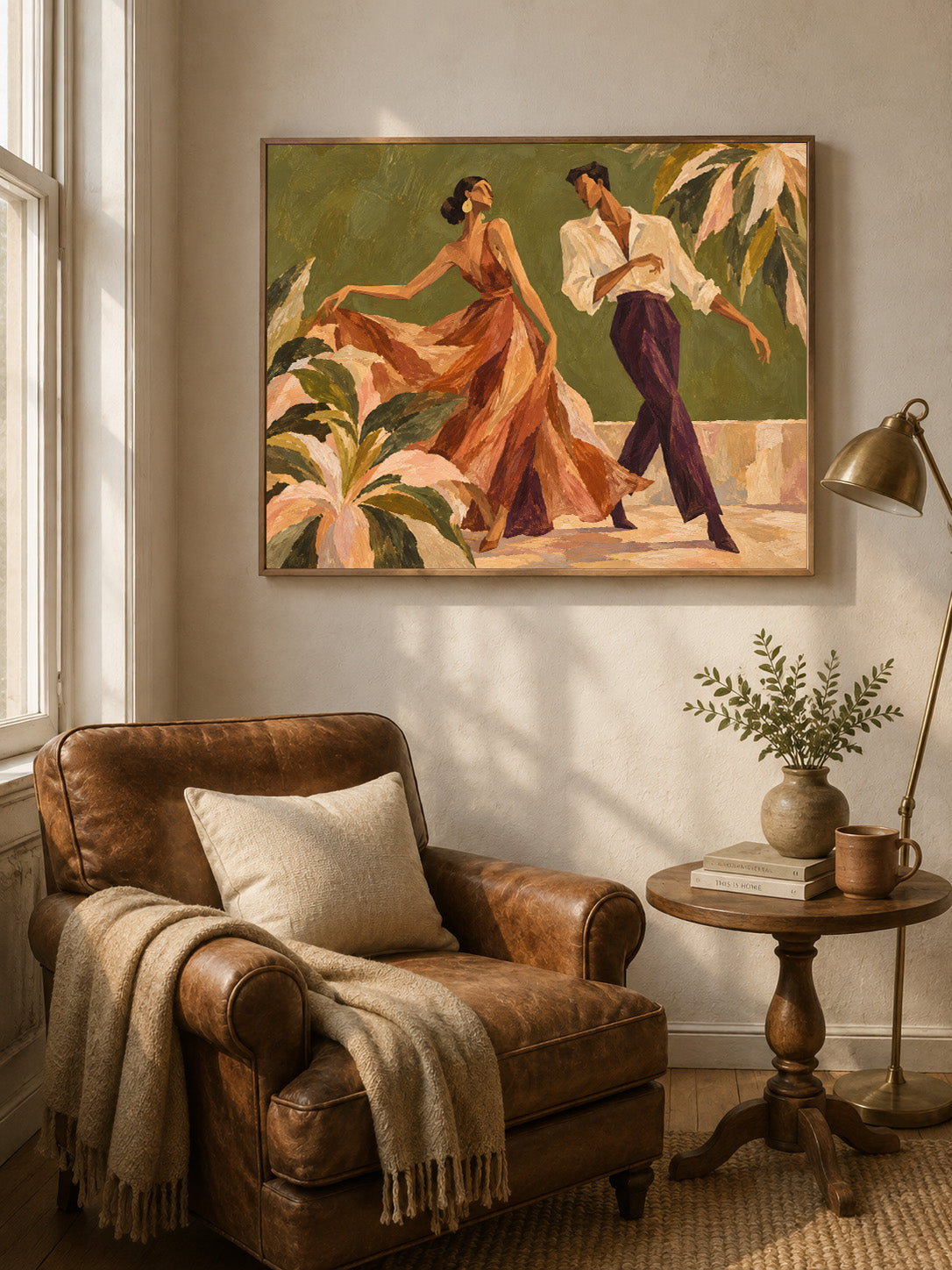 Vintage Dancing Couple Canvas Painting With Tropical Palms And Green Tones