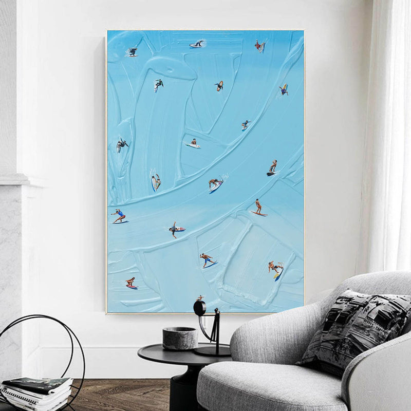 Large Blue surfing painting Wall Art Blue Minimalist Abstract Painting Light Blue surfing Abstract painting