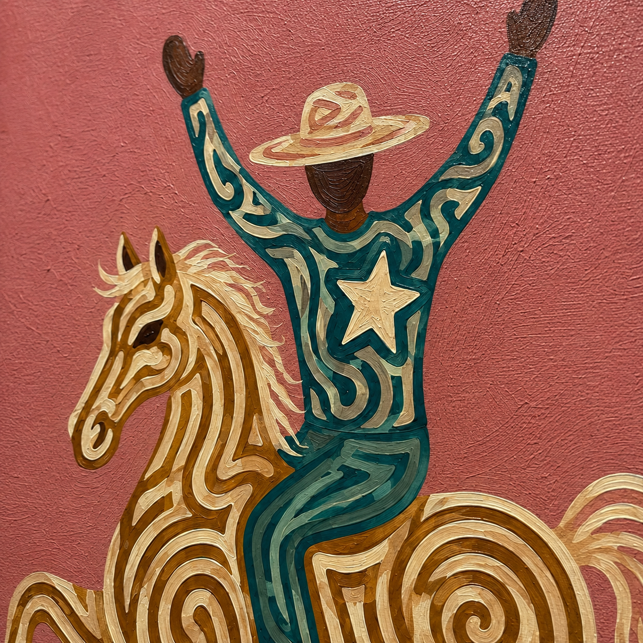 Modern Western Wall Art, Cowboy On Horse Canvas , Pink Background Wild West Painting