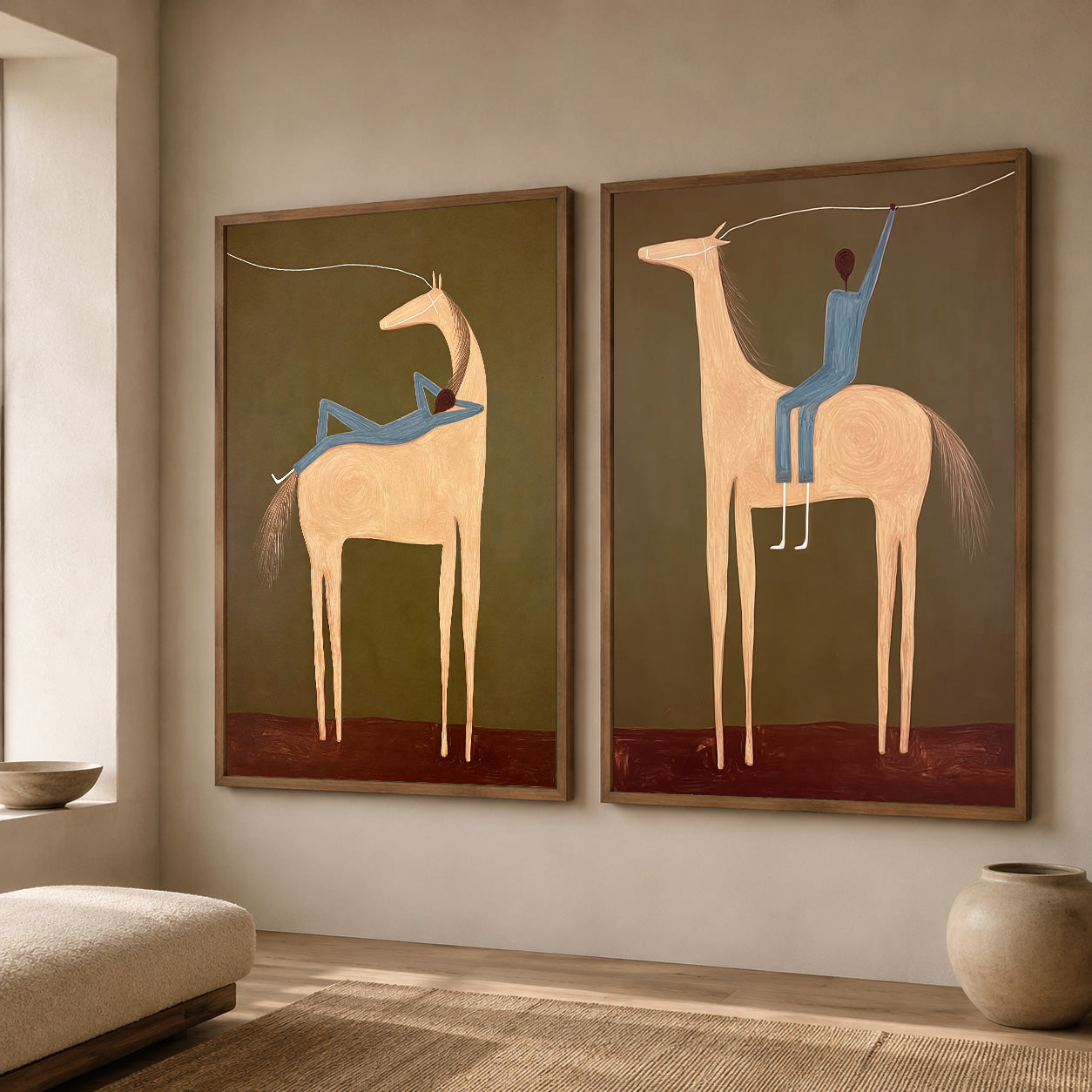 Vintage Minimalist Horse Painting Set Original Canvas Art For Living Room Decor