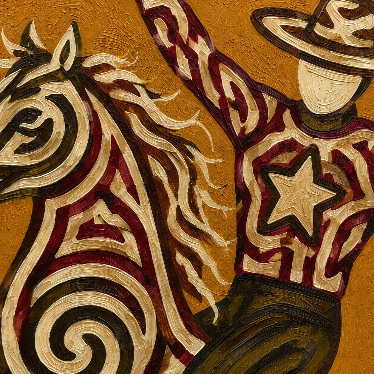 Vintage Western Wall Art, Ochre Cowboy Painting, Wild West Decor, Impasto Texture Canvas Art