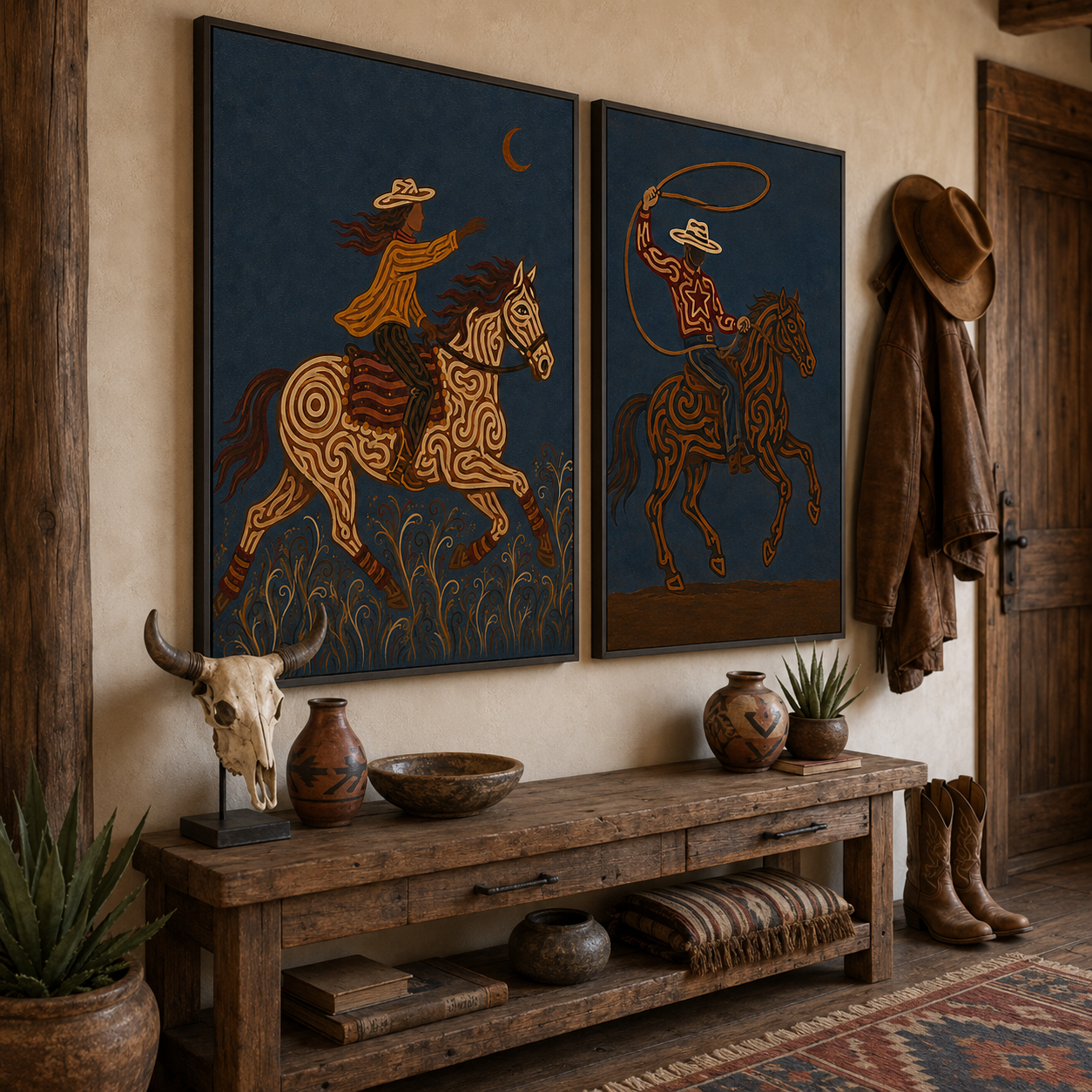 Moody Dark Blue Western Cowboy Wall Art Set Of 2, Vintage Equestrian Canvas Painting For Living Room
