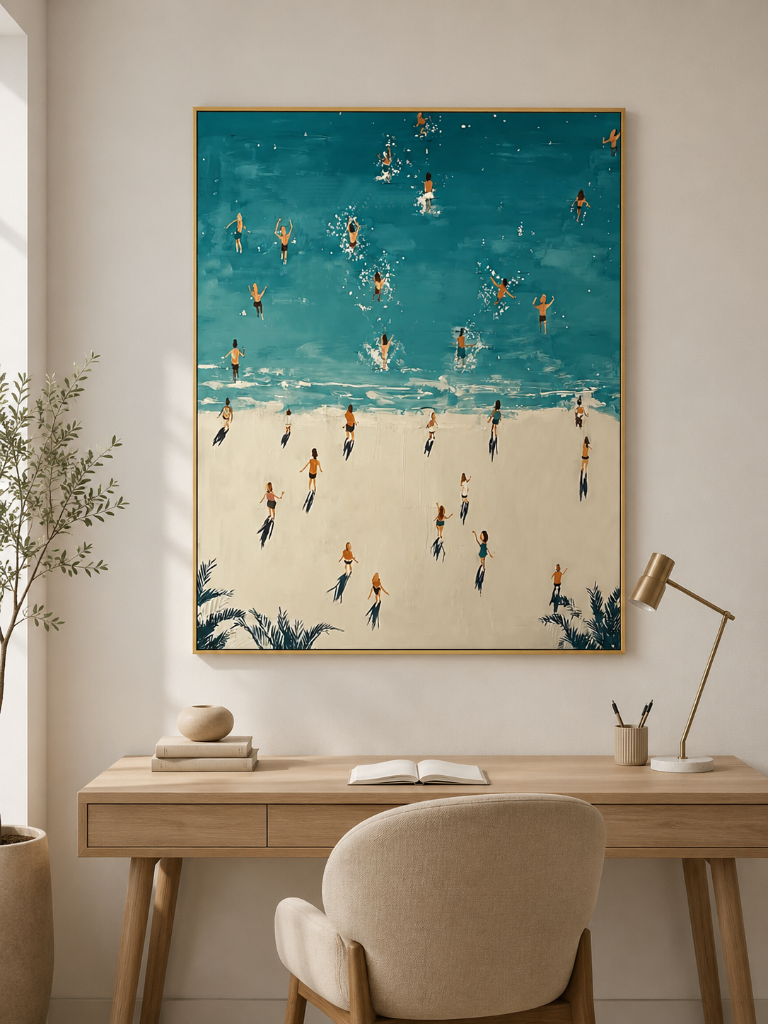 Minimalist Beach Painting With Figures And Shadows For Modern Home Decor