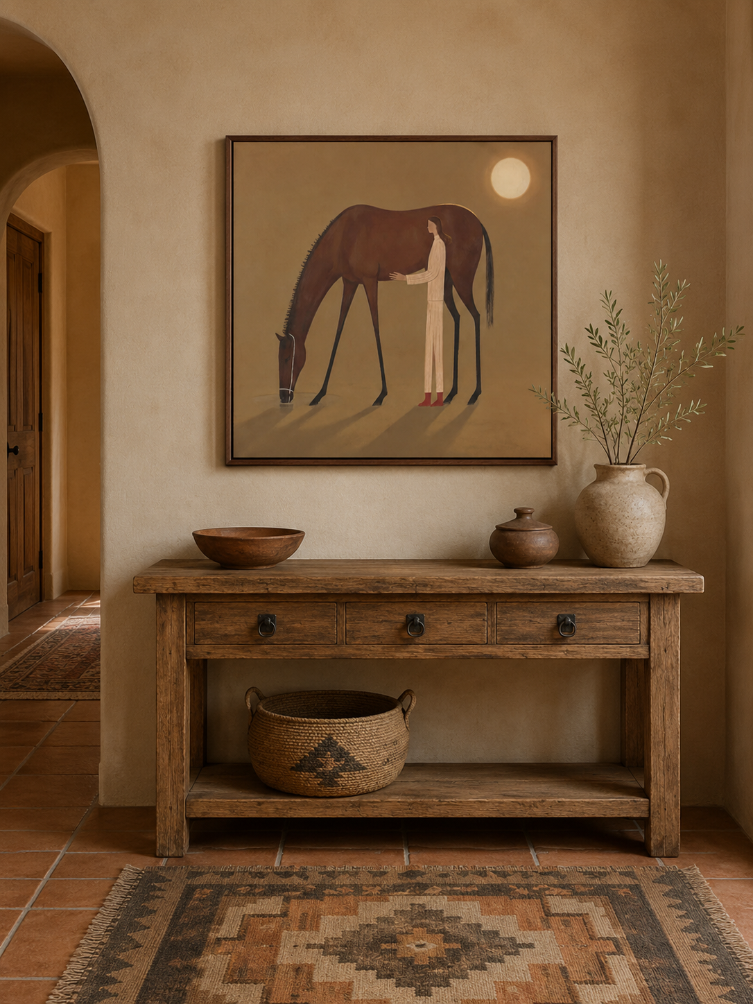 Wabi Sabi Girl And Horse Painting With Moonlight Earth Tones For Cozy Living Room Decor