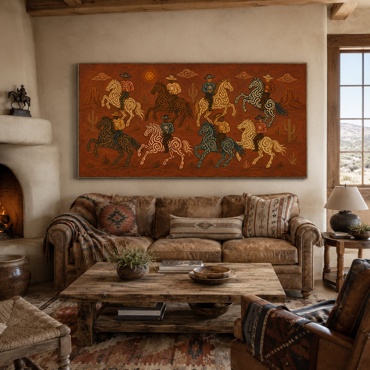 Wild West Cowboy Riders Painting, Panoramic Desert Horse Art, Rustic Southwestern Ranch Decor