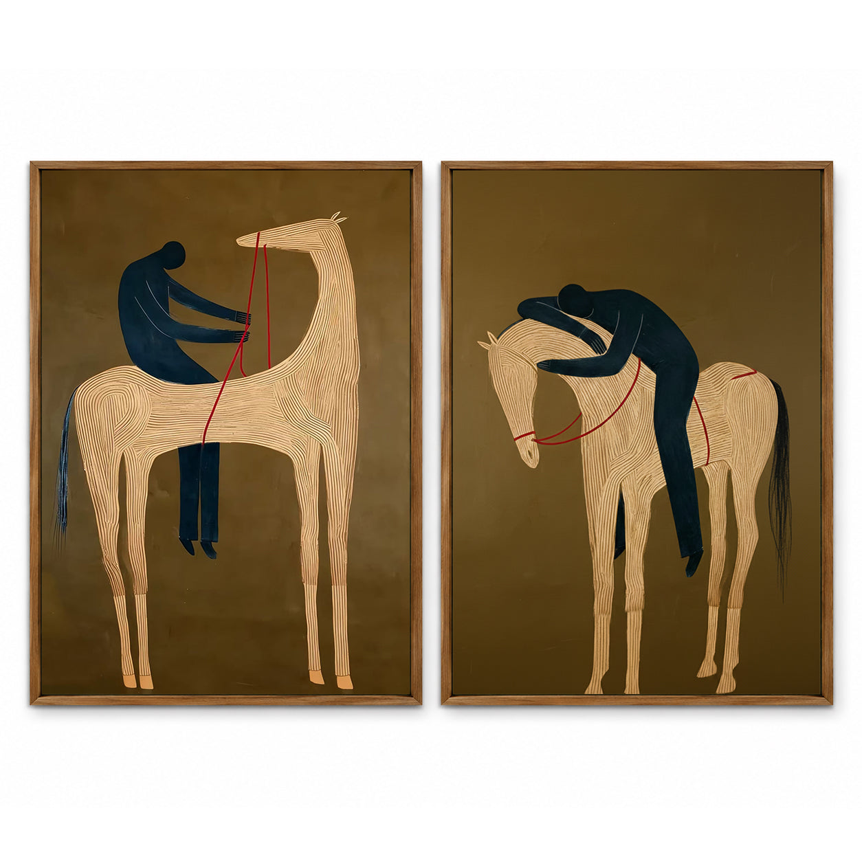 Original Equestrian Oil Painting Set Of Two With Green Background And Linear Horse Design