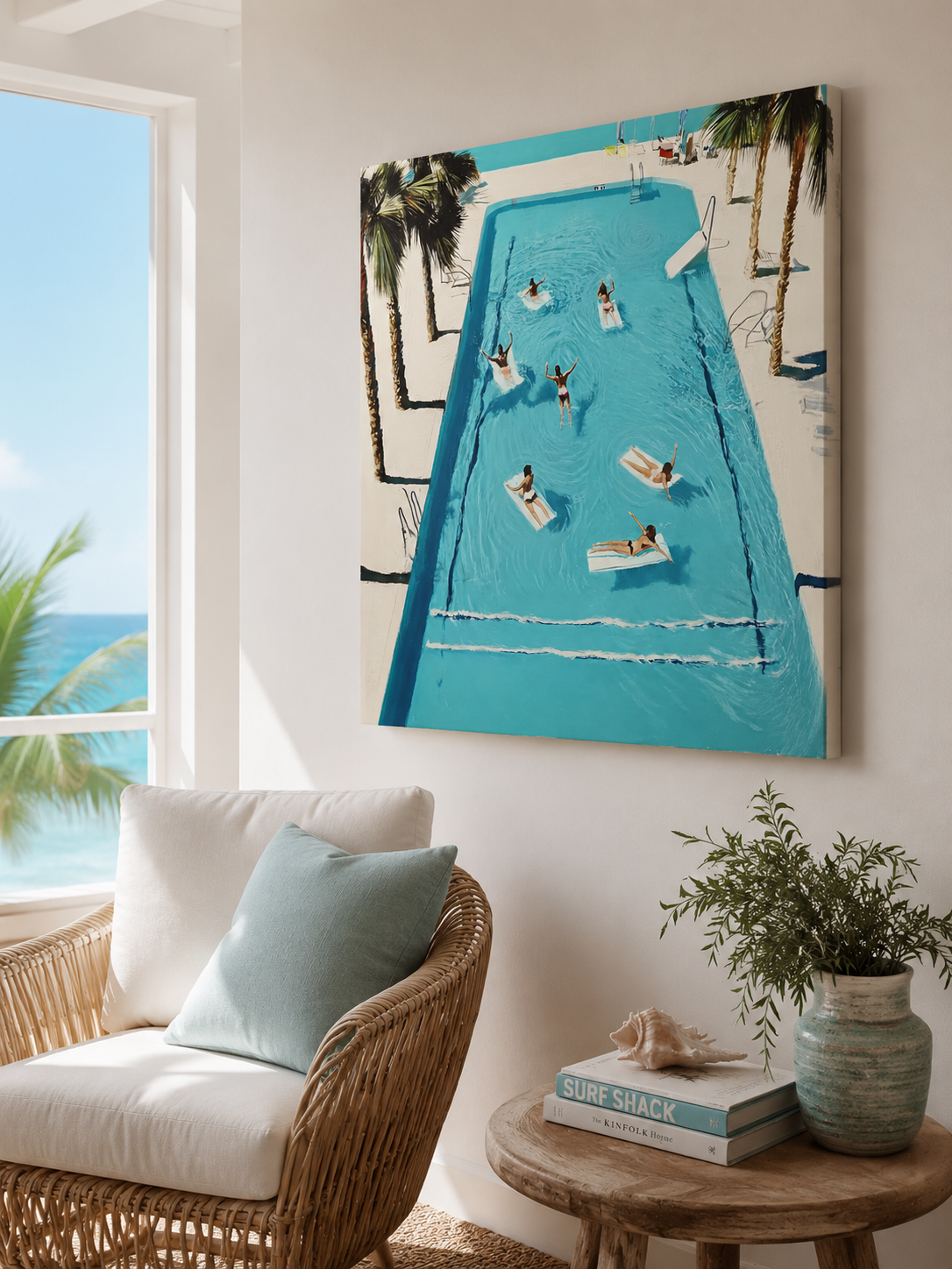 Vintage Swimming Pool Oil Painting With Palm Trees For Retro Bedroom Wall Art Decor
