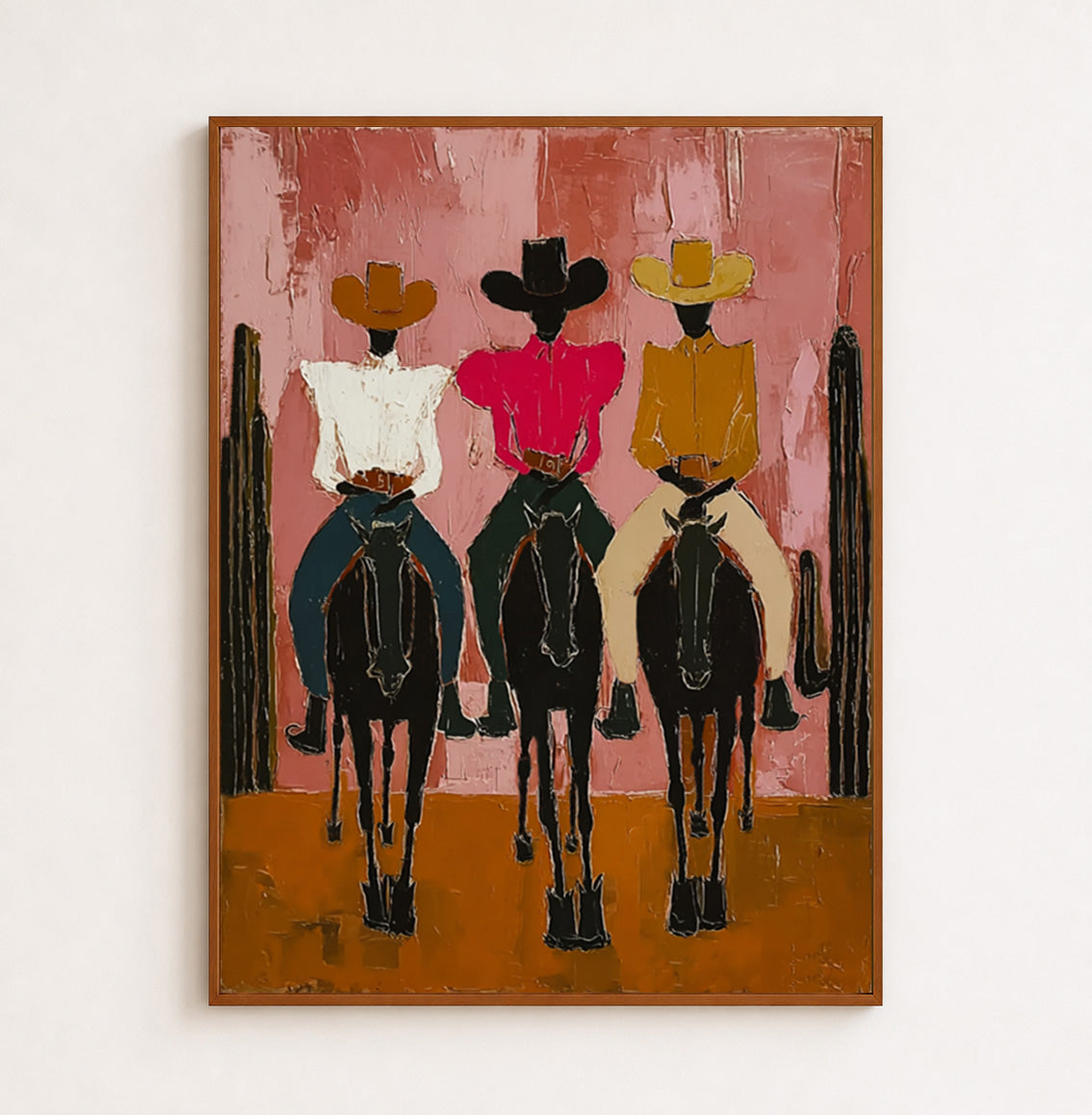 Modern Pink Desert Cowboy Painting With Cactus Canvas Art For Living Room Wall Decor