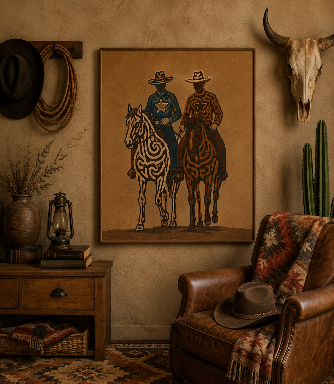 Two Cowboys Horse Painting, Western Riders Wall Art, Rustic Southwestern Ranch Decor