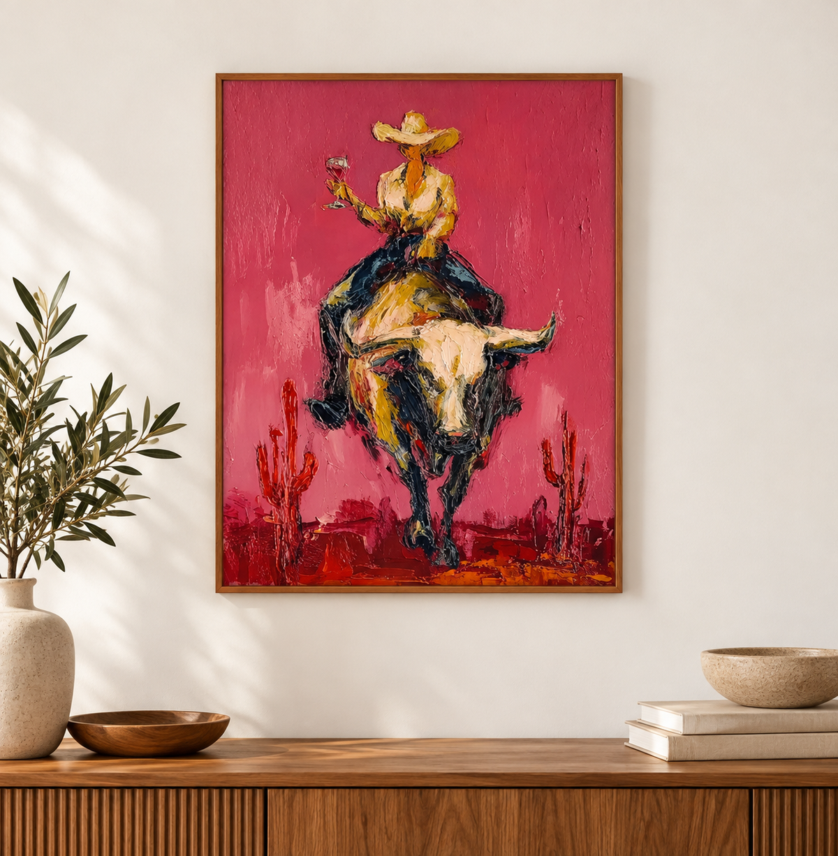 Pink Rodeo Bull Rider Hand-Painted Oil Painting | Southwestern Wall Art