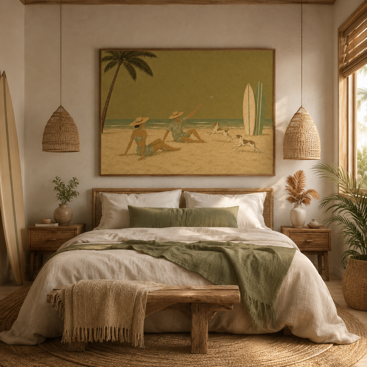 Surfboard Beach Art With Palm Tree And Dogs Vintage Style Original Canvas Painting For Coastal Or Vacation Home Walls