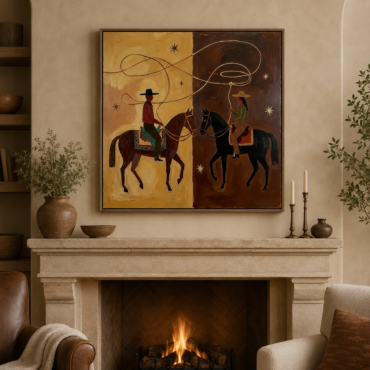 Western Cowboy Horse Painting Earthy Tones Modern Wall Art For Living Room
