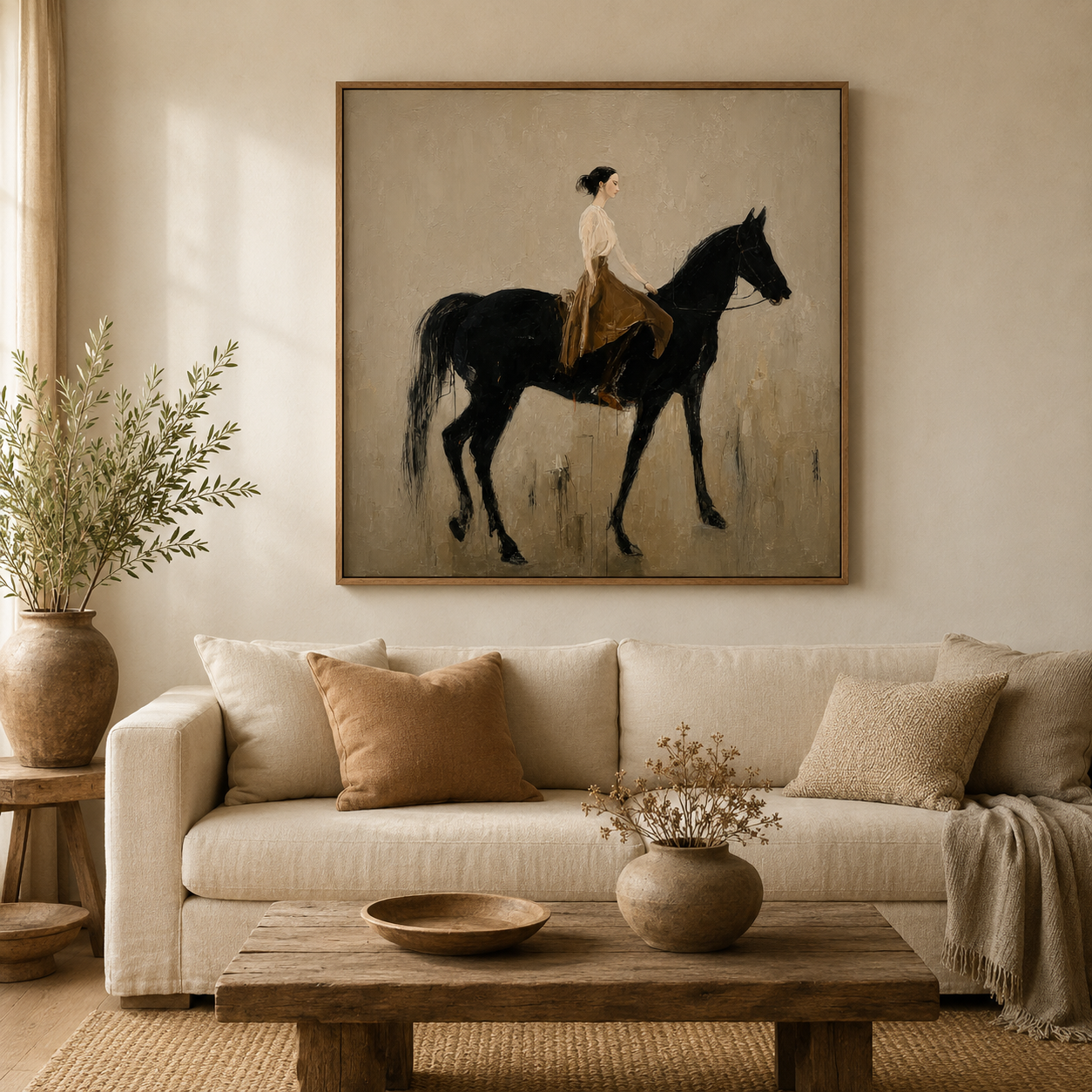 Figurative Horse And Rider Oil Painting Retro Style Wall Art For Living Room