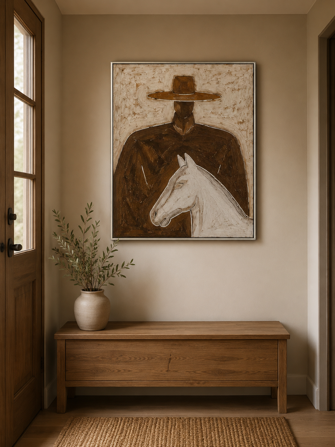 Modern Wabi Sabi Painting Of Man With Horse Brown Minimalist Wall Art