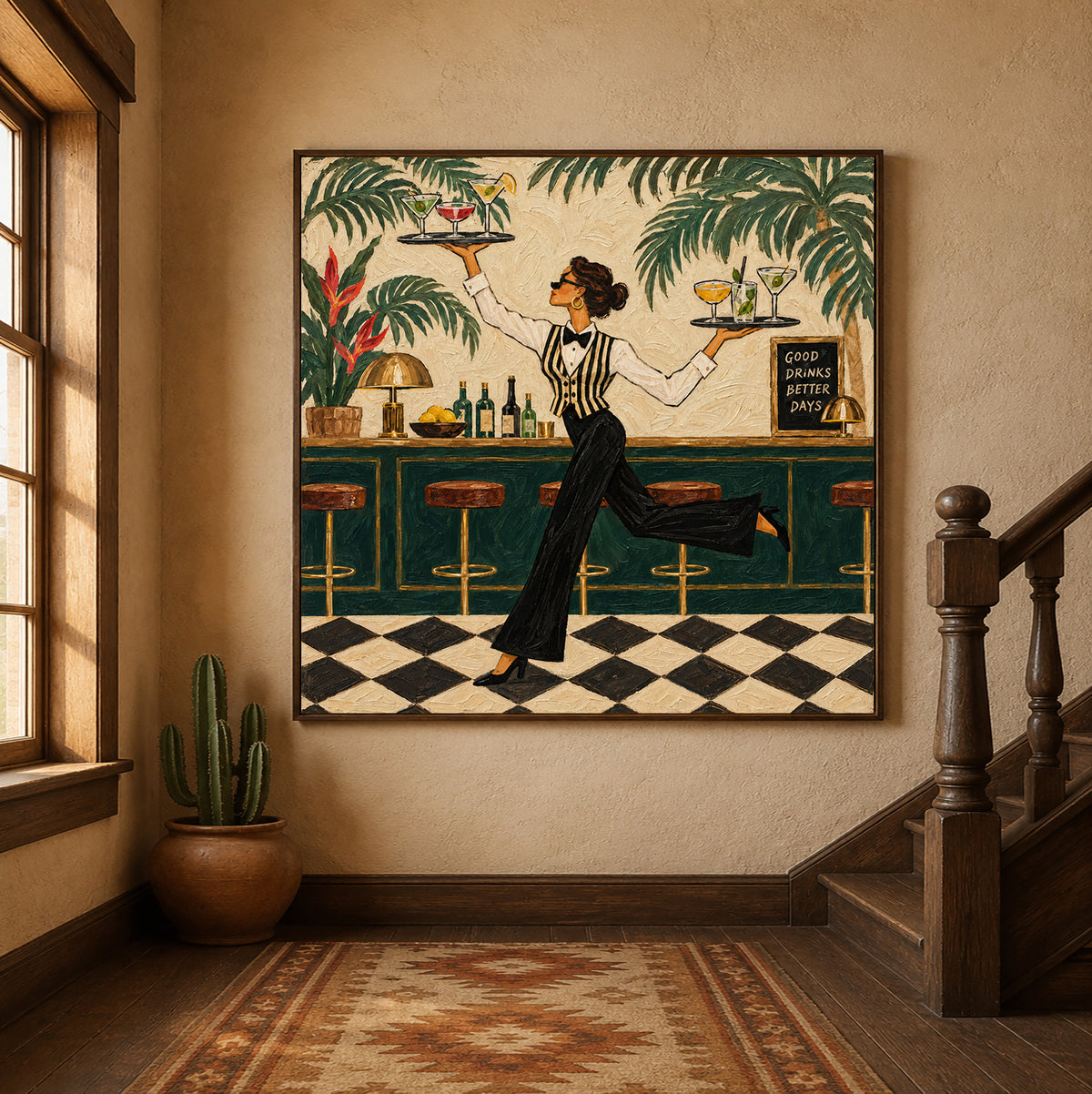 Stylish Bartender Canvas Painting With Cocktails And Tropical Plants For Home Bar Decor