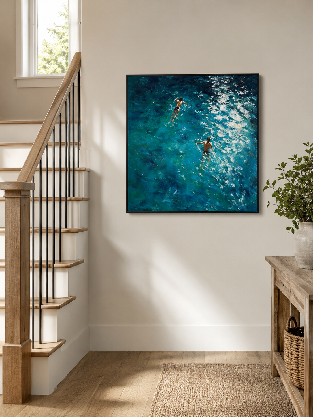 Deep Blue Ocean Swimming Oil Painting With Thick Textured Waves For Modern Home Decor