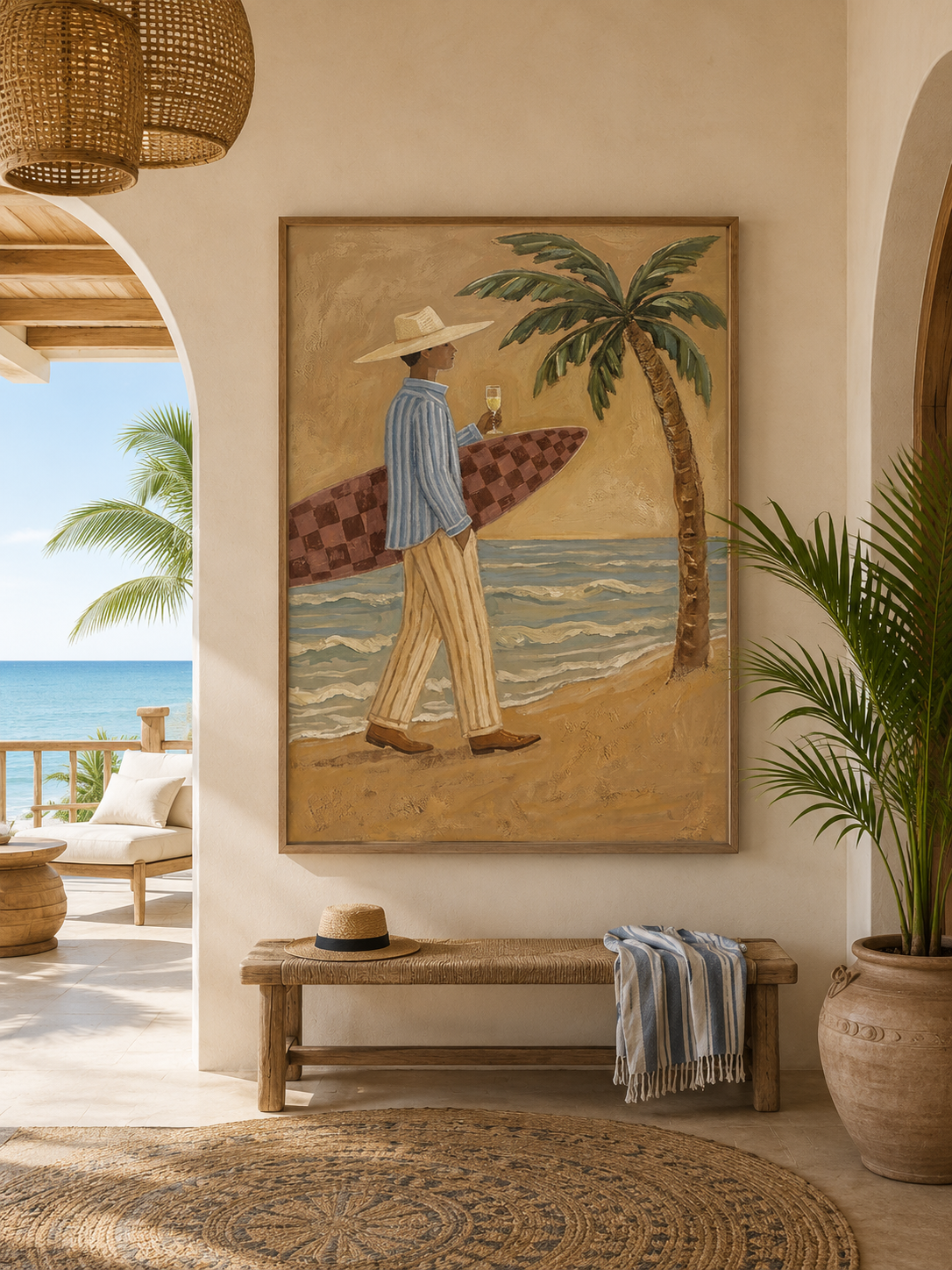Vintage Surfer With Wine Glass Painting For Coastal Home Decor