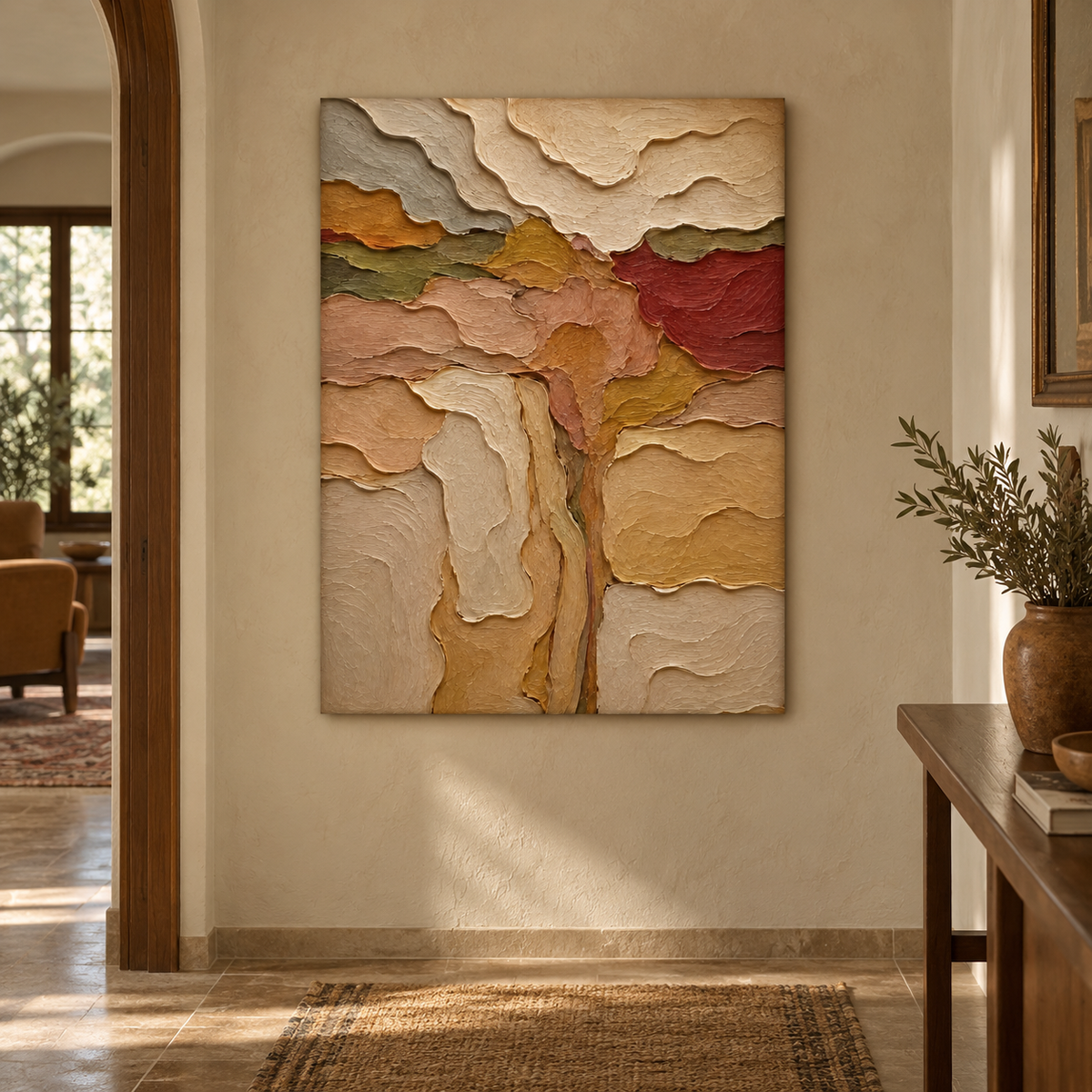 Abstract Desert Landscape Canvas Painting With Earthy Tones And Textured Surface