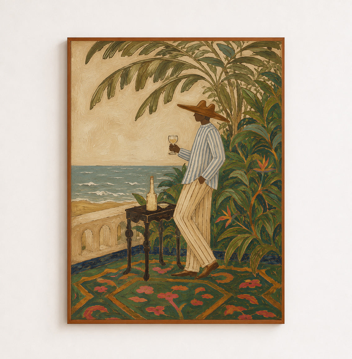 Mediterranean Wine Art Man By Sea Vintage Wall Decor For Dining Room Original Oil Painting On Linen Canvas